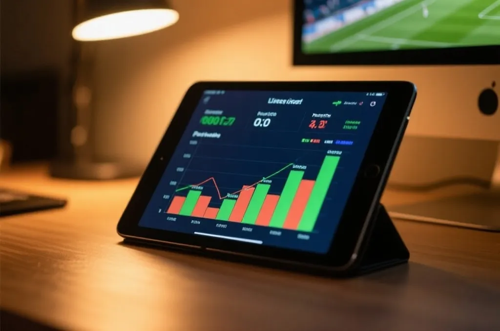 A tablet displaying dynamic football live statistics and tactical maps on a desk